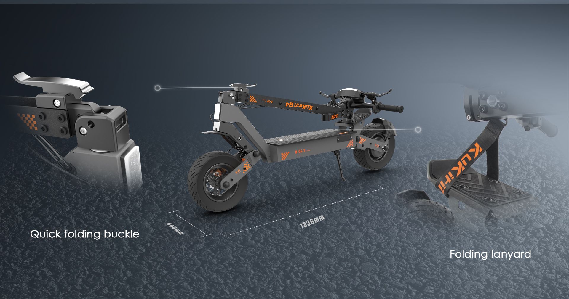 KuKirin G4 electric scooter quick folding buckle and folding lanyard, overall dimension drawing