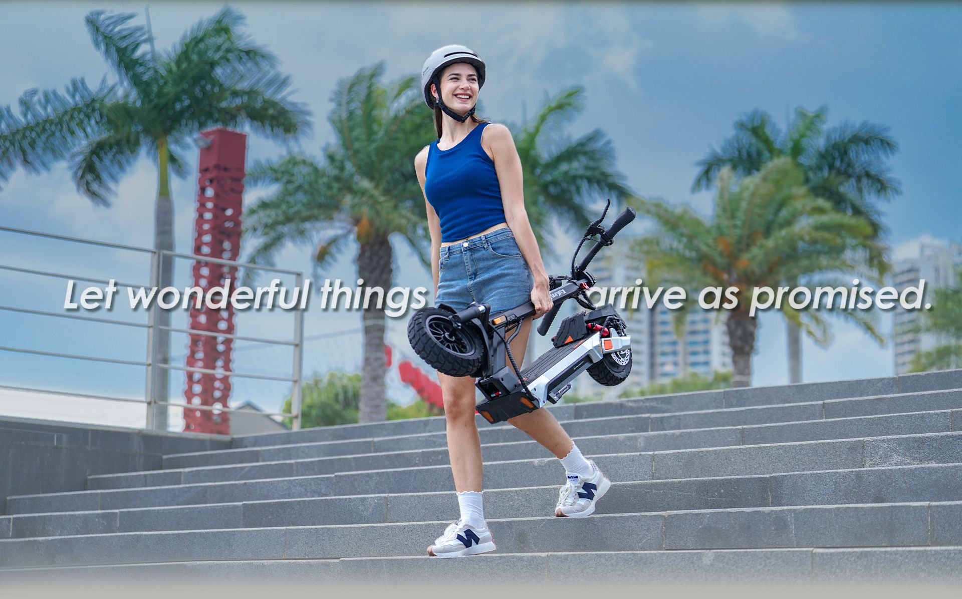 KuKirin M4 Max electric scooter, woman carrying folded lightweight scooter walking up outdoor stairs