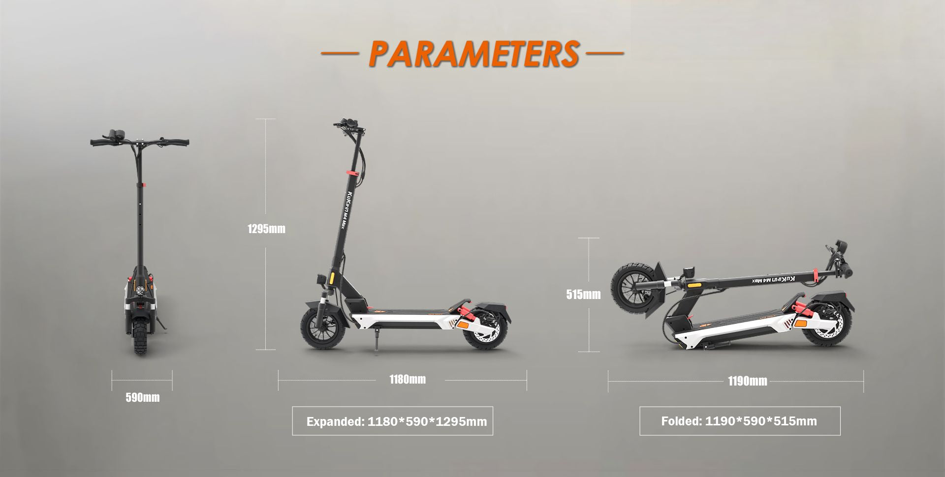 KuKirin M4 Max electric scooter dimension chart, expanded and folded size measurement specifications