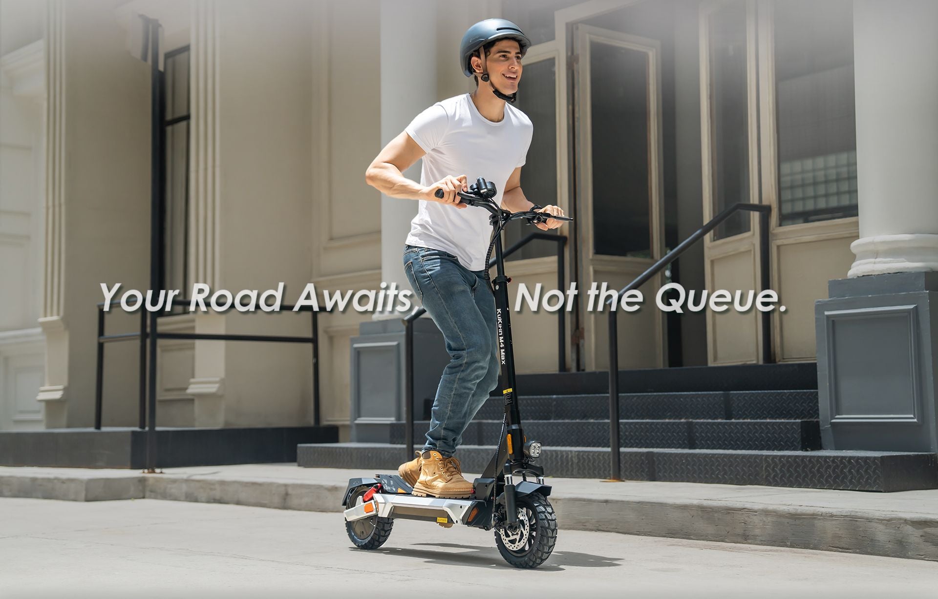 KuKirin M4 Max adult electric scooter, man riding scooter on city street for daily commuting