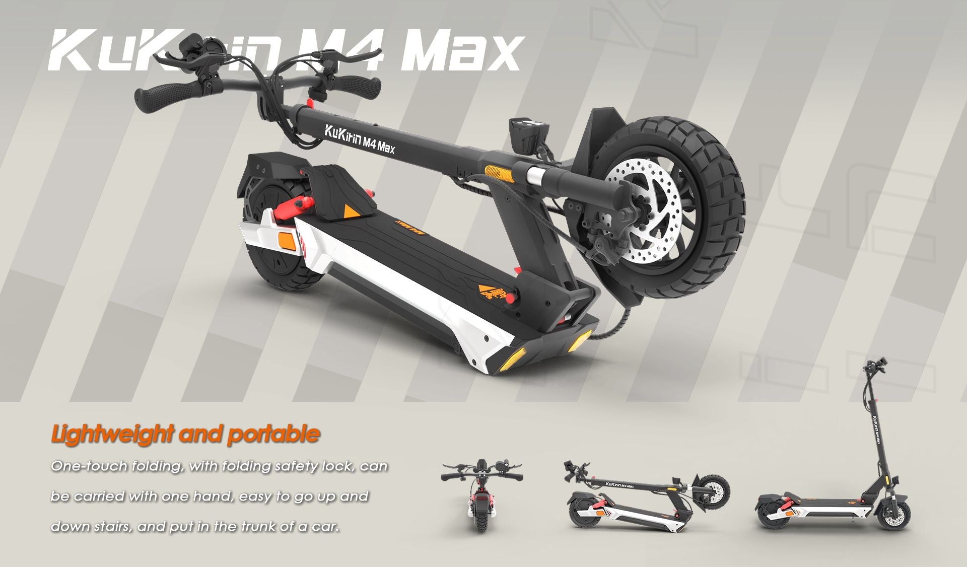 KuKirin M4 Max electric scooter 3D render, folded portable view showing one‑touch folding safety lock structure