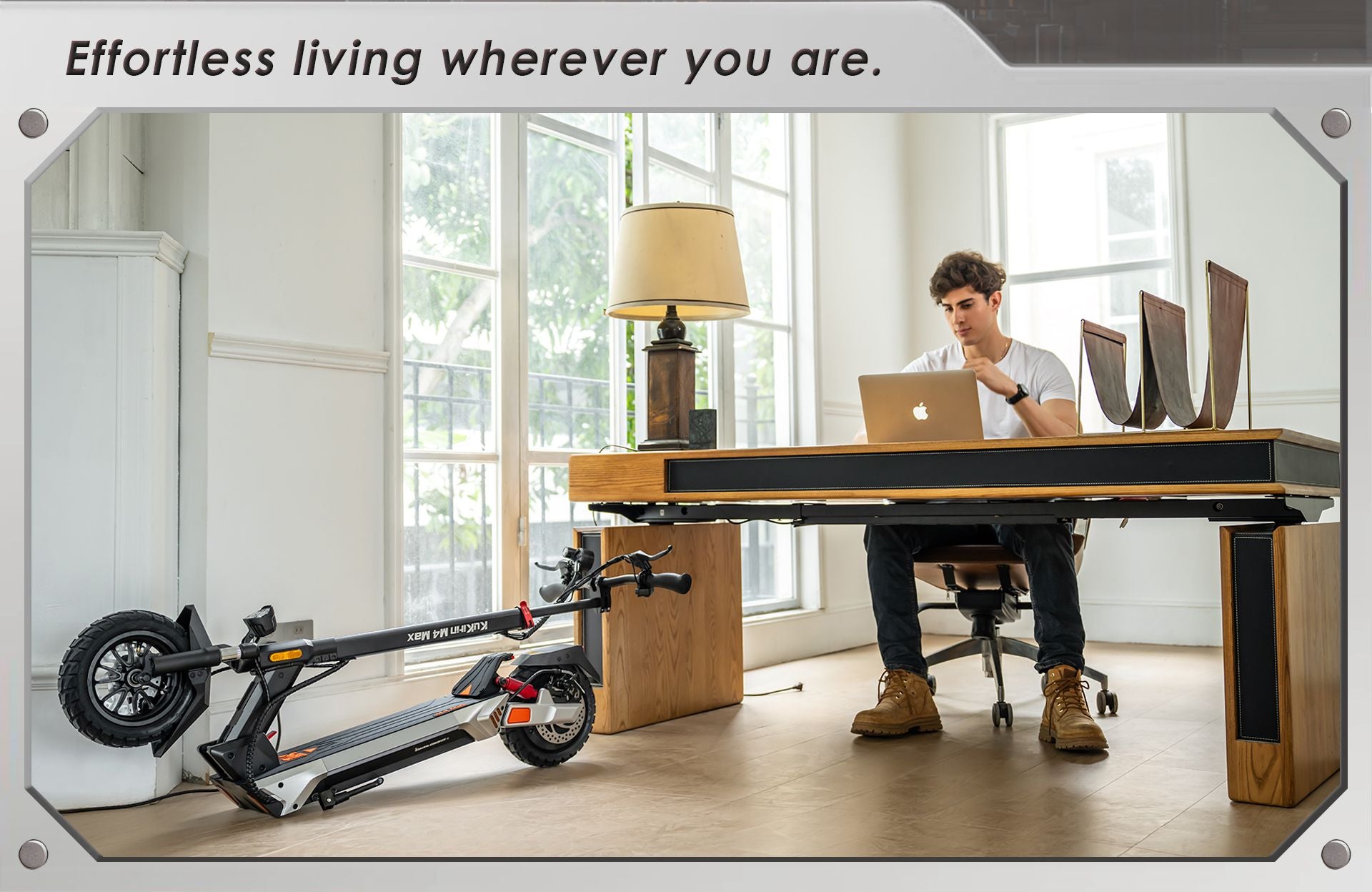 KuKirin M4 Max foldable electric scooter, folded and stored indoors at home office, compact storage scene