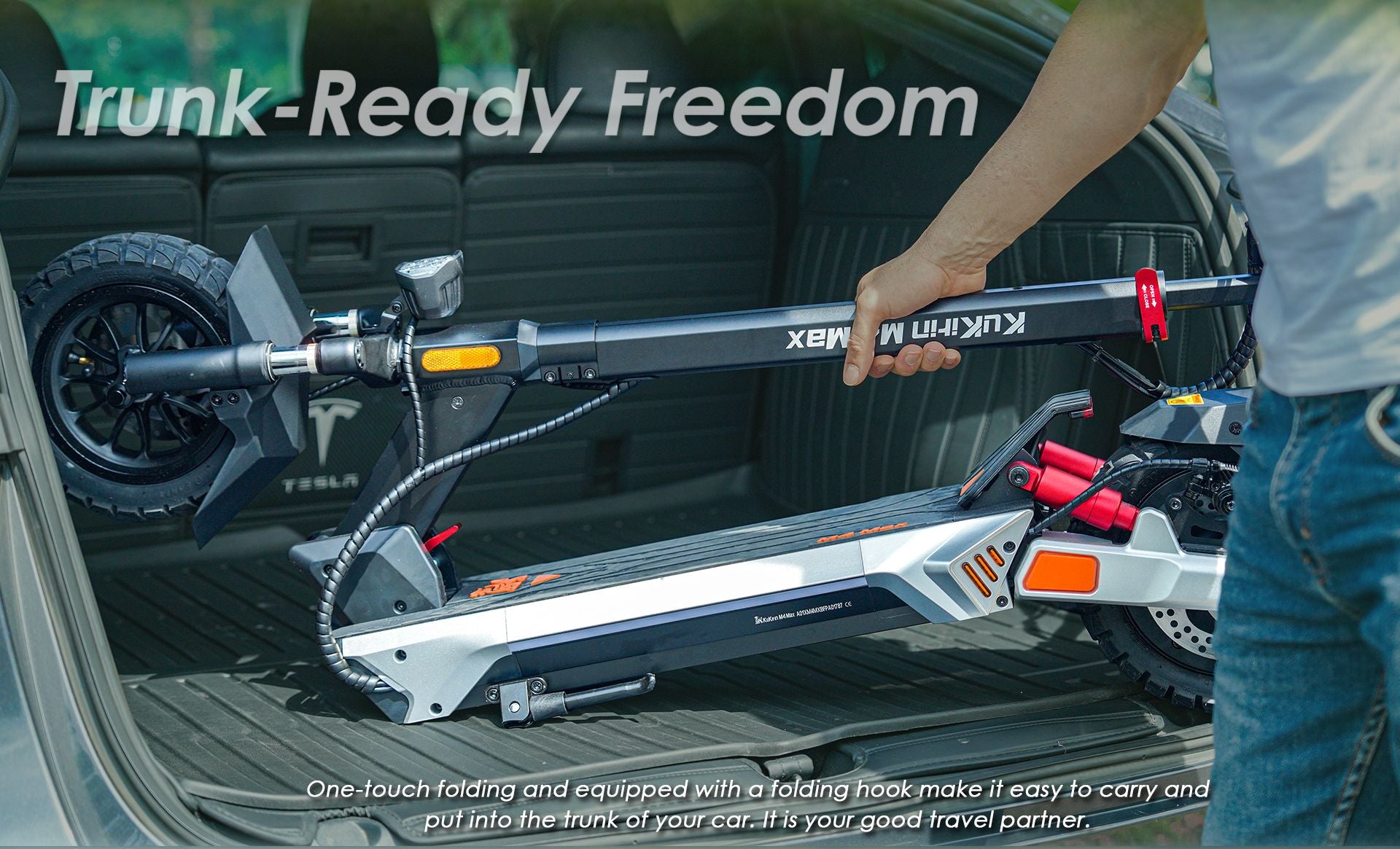 KuKirin M4 Max foldable electric scooter, one‑touch folding design for easy storage inside car trunk for travel