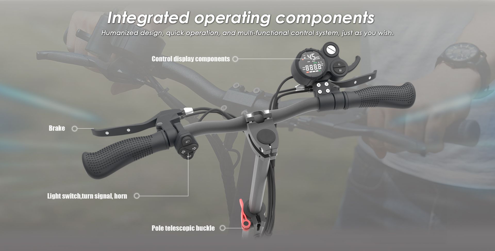 KuKirin M4 Max electric scooter handlebar close‑up, annotated display, brake lever and multi‑function control buttons