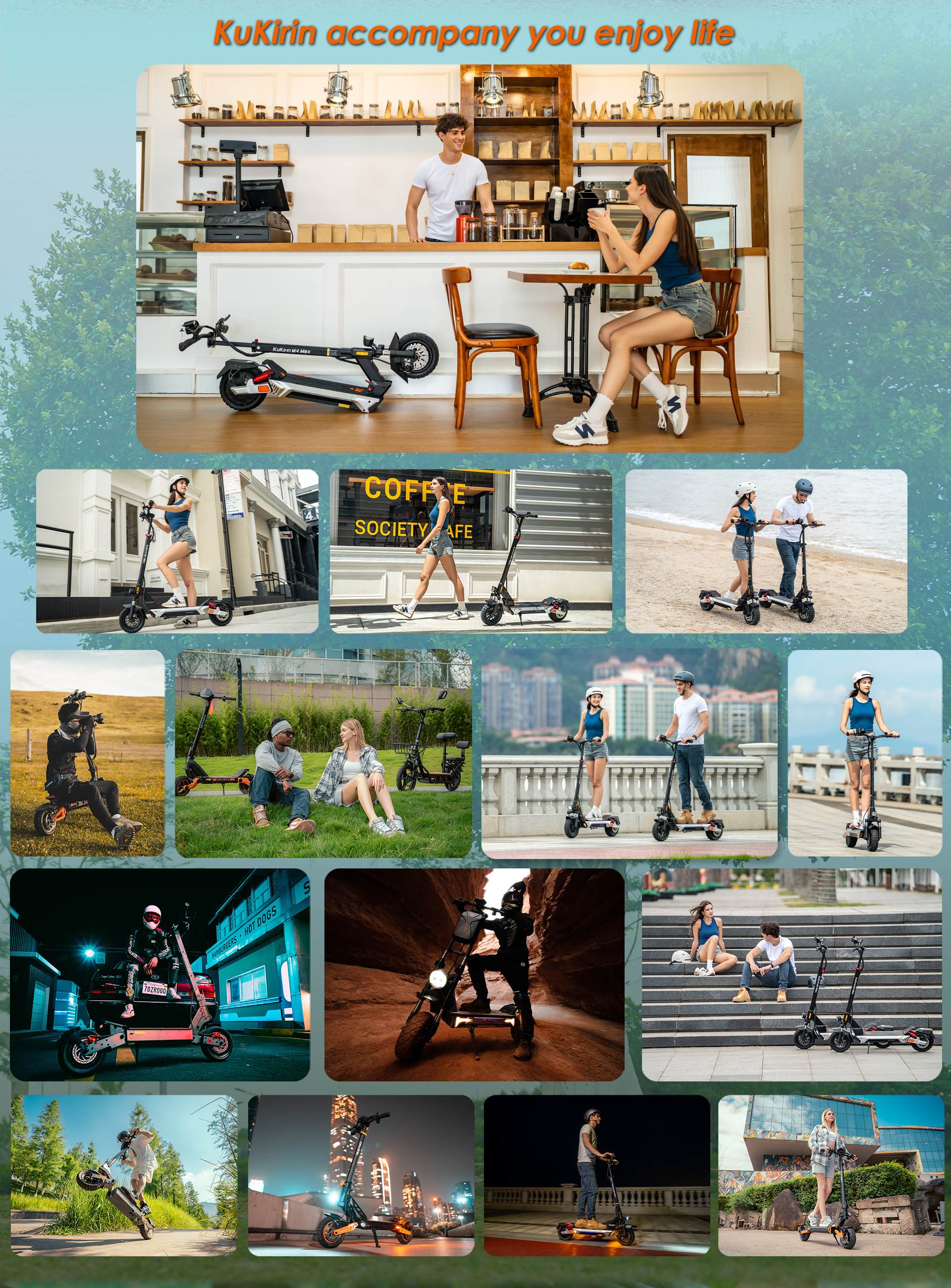 KuKirin M4 Max adult electric scooter collage, multiple real‑life usage scenarios including commuting, travel, beach and outdoor leisure