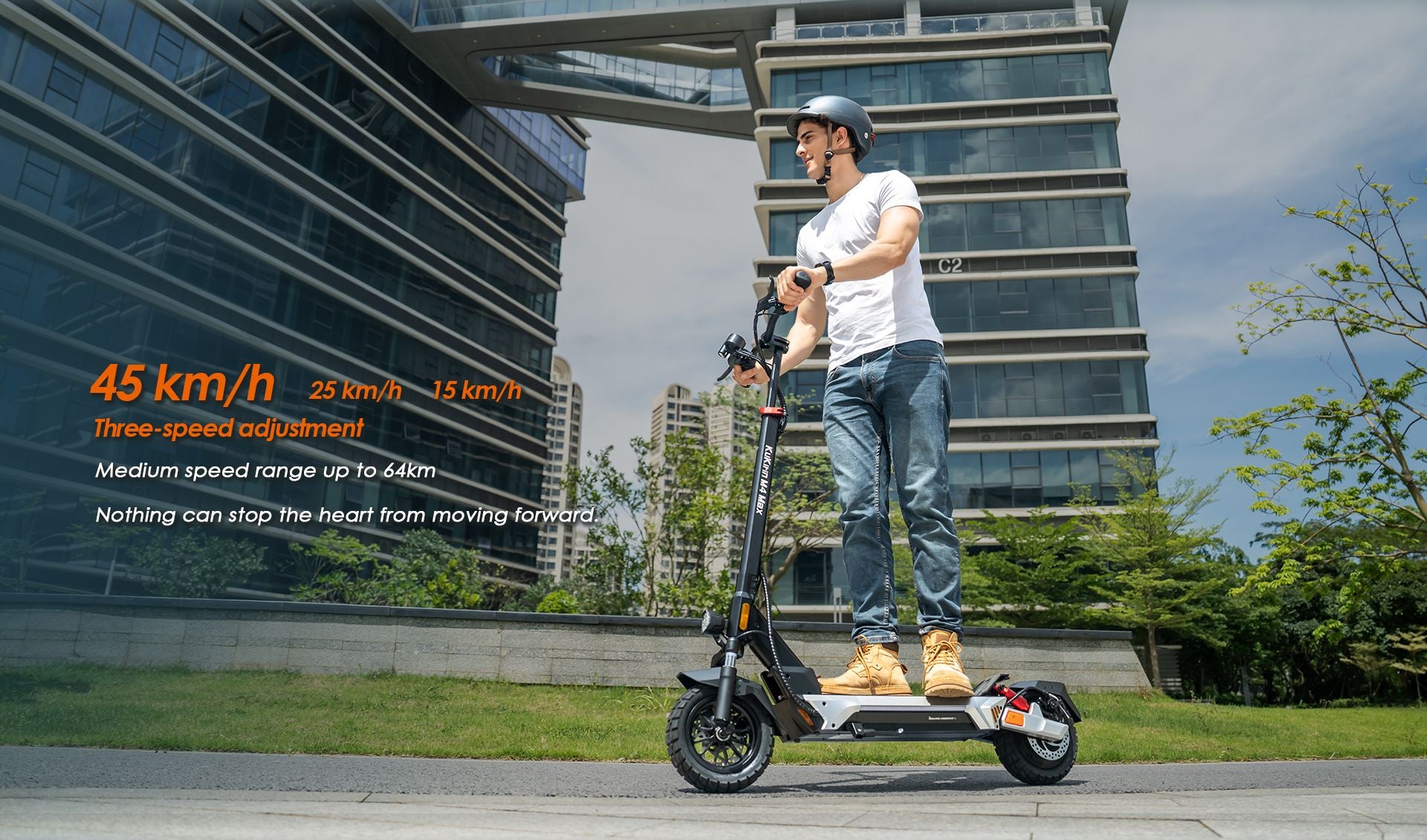 KuKirin M4 Max electric scooter for adults, rider in modern city environment showing three‑speed adjustment feature