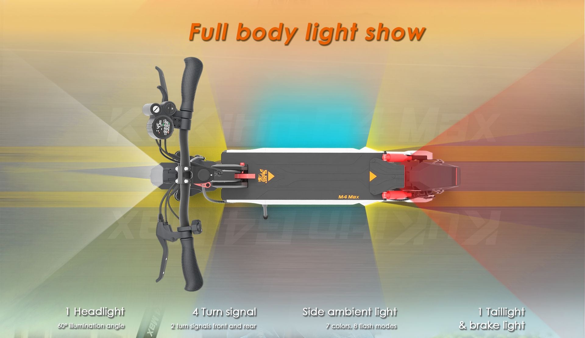 KuKirin M4 Max electric scooter top‑down view, full‑body light show with headlight, turn signals, side ambient lights and brake taillight