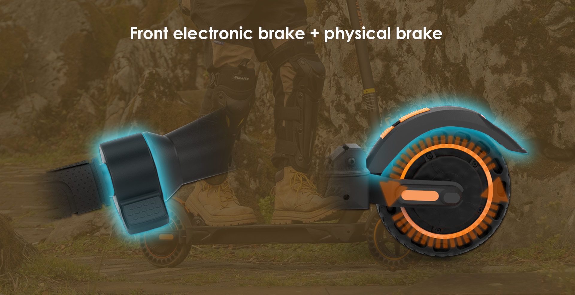 KuKirin S1 Max electric scooter dual brake system front electronic and physical brake close‑up graphic