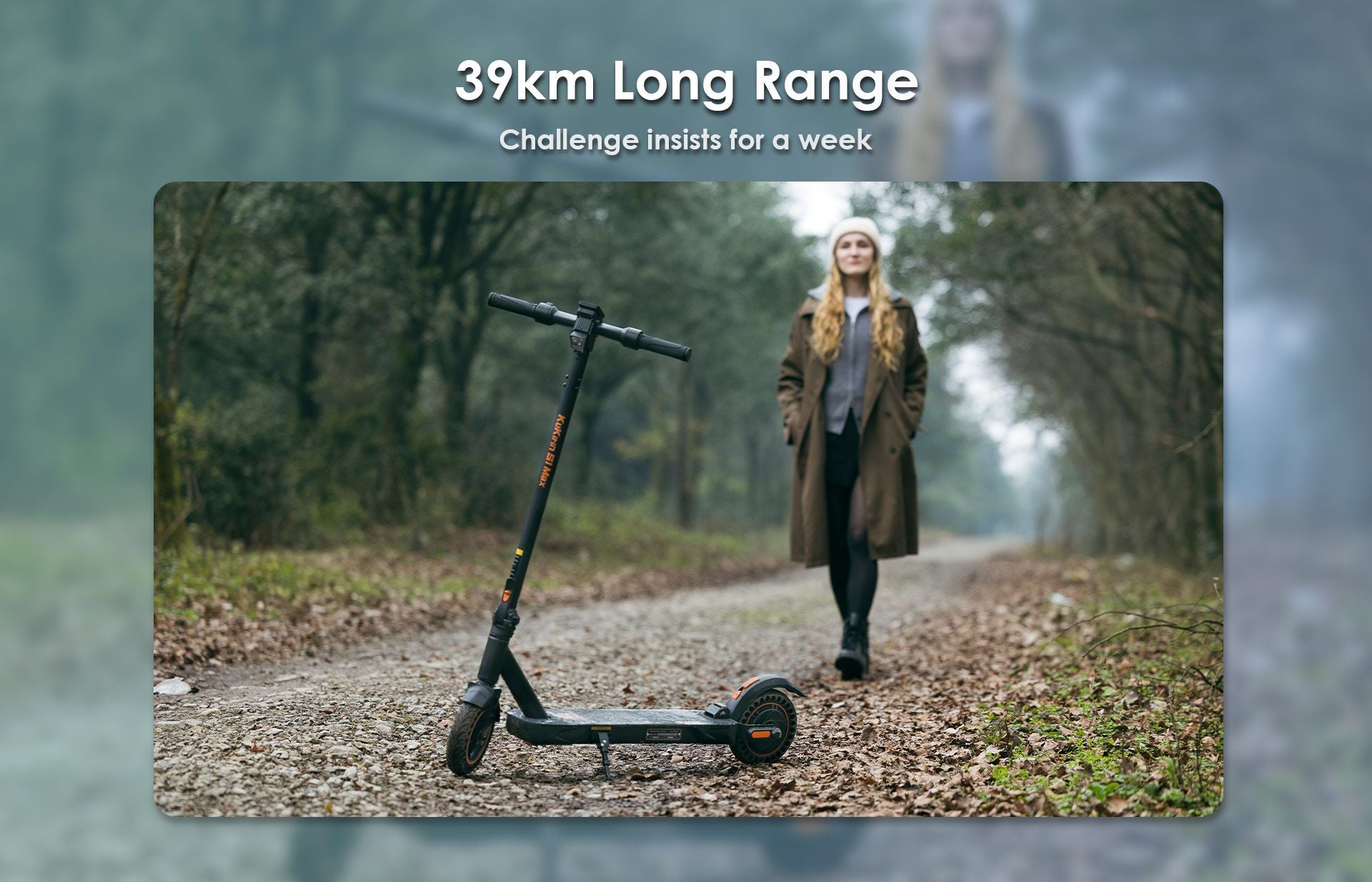KuKirin S1 Max foldable electric scooter showing 39km long range performance in woodland trail