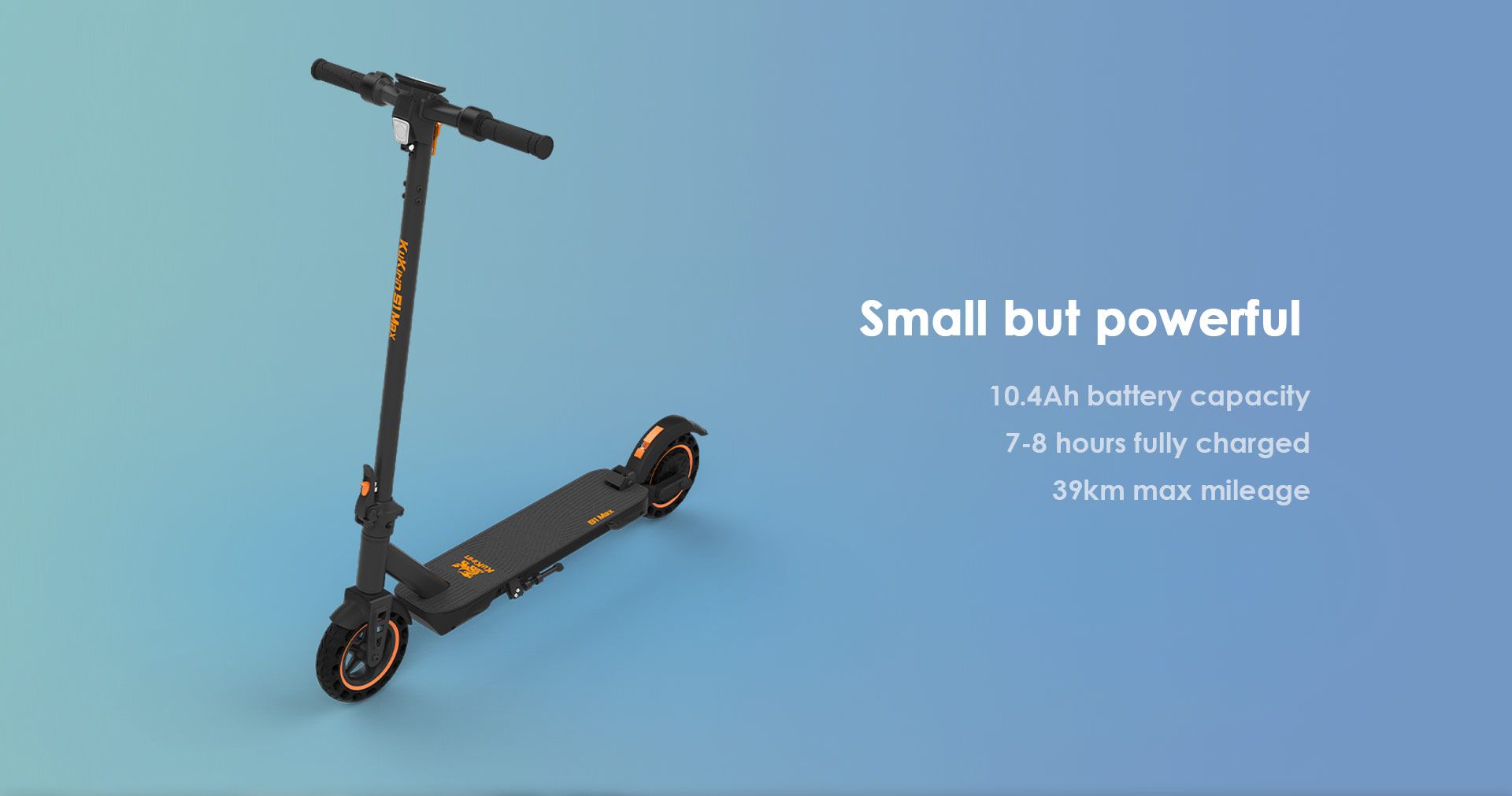 KuKirin S1 Max electric‑scooter full unit view showing battery capacity, charging time and max mileage specifications