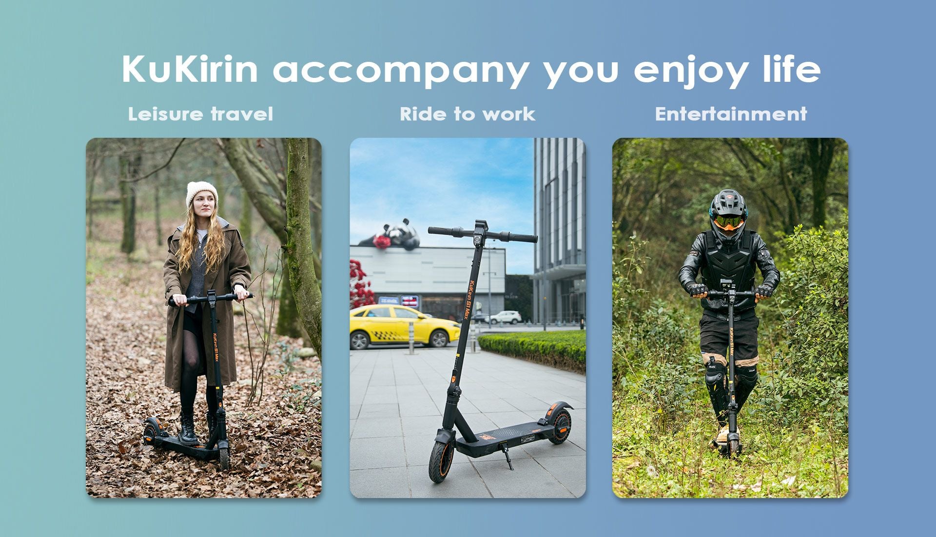 KuKirin S1 Max electric‑scooter multi‑usage collage: leisure travel, commuting to work and outdoor entertainment scenarios