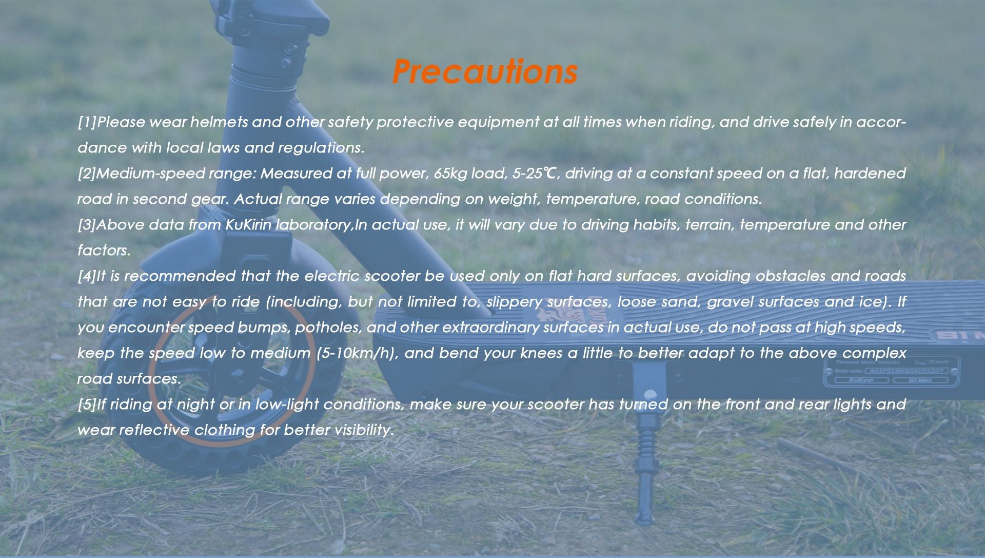 KuKirin S1 Max electric‑scooter riding safety precautions notice with scooter partial background