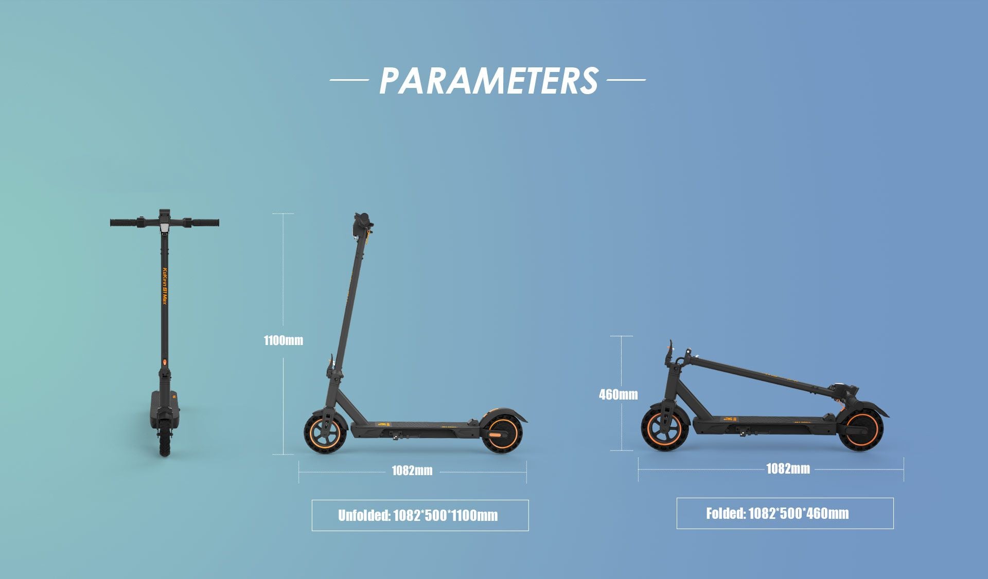 KuKirin S1 Max electric‑scooter dimension chart, unfolded and folded size specifications diagram