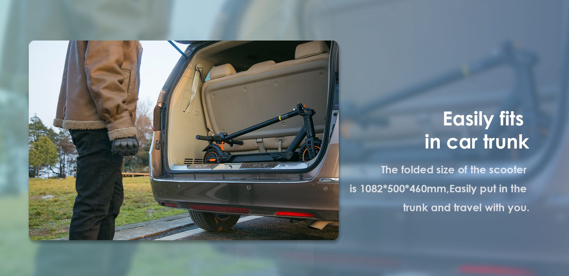 KuKirin S1 Max foldable electric scooter folded and stored inside car trunk for travel