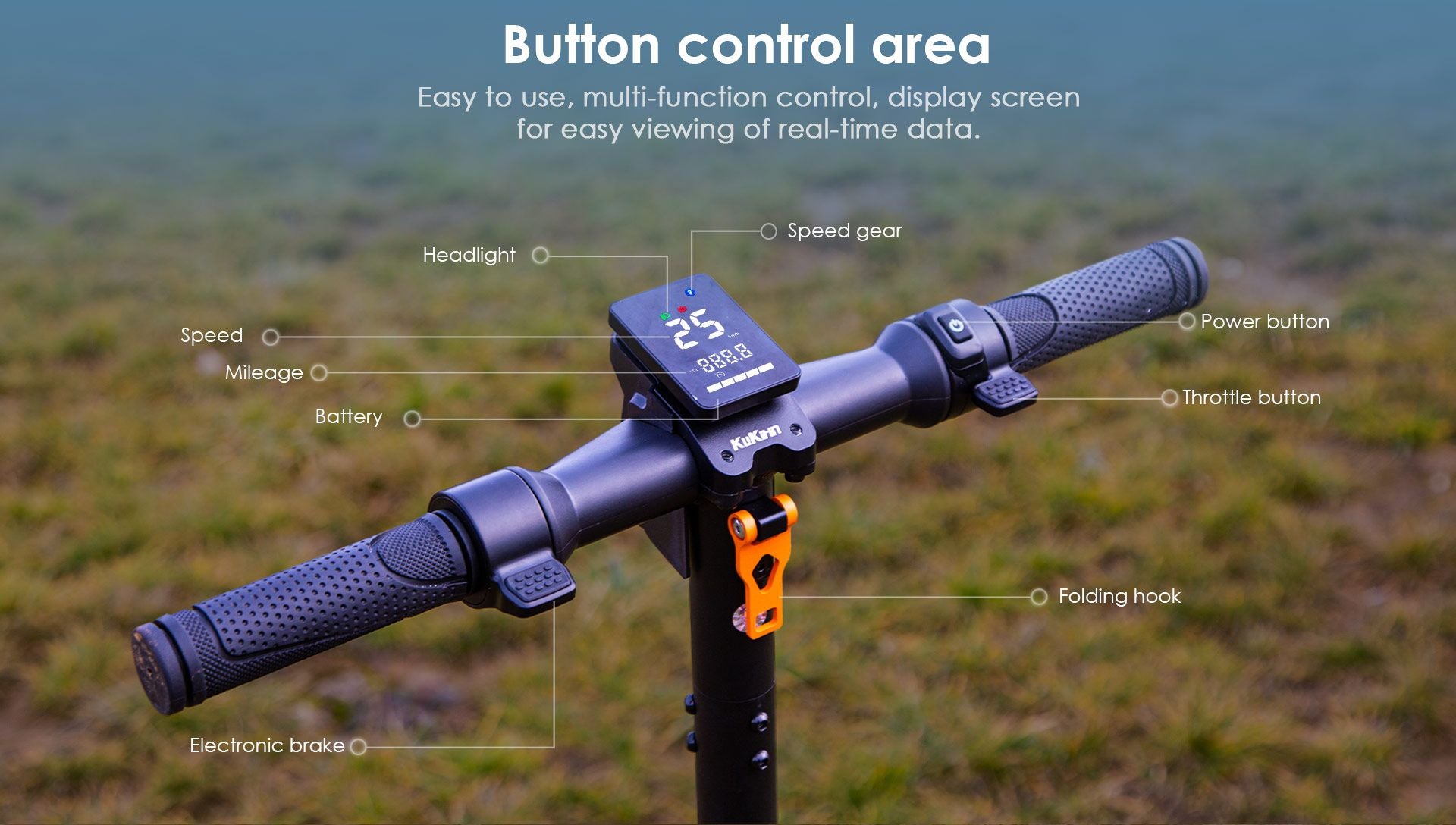 KuKirin S1 Max electric scooter handlebar button control area with LCD dashboard display