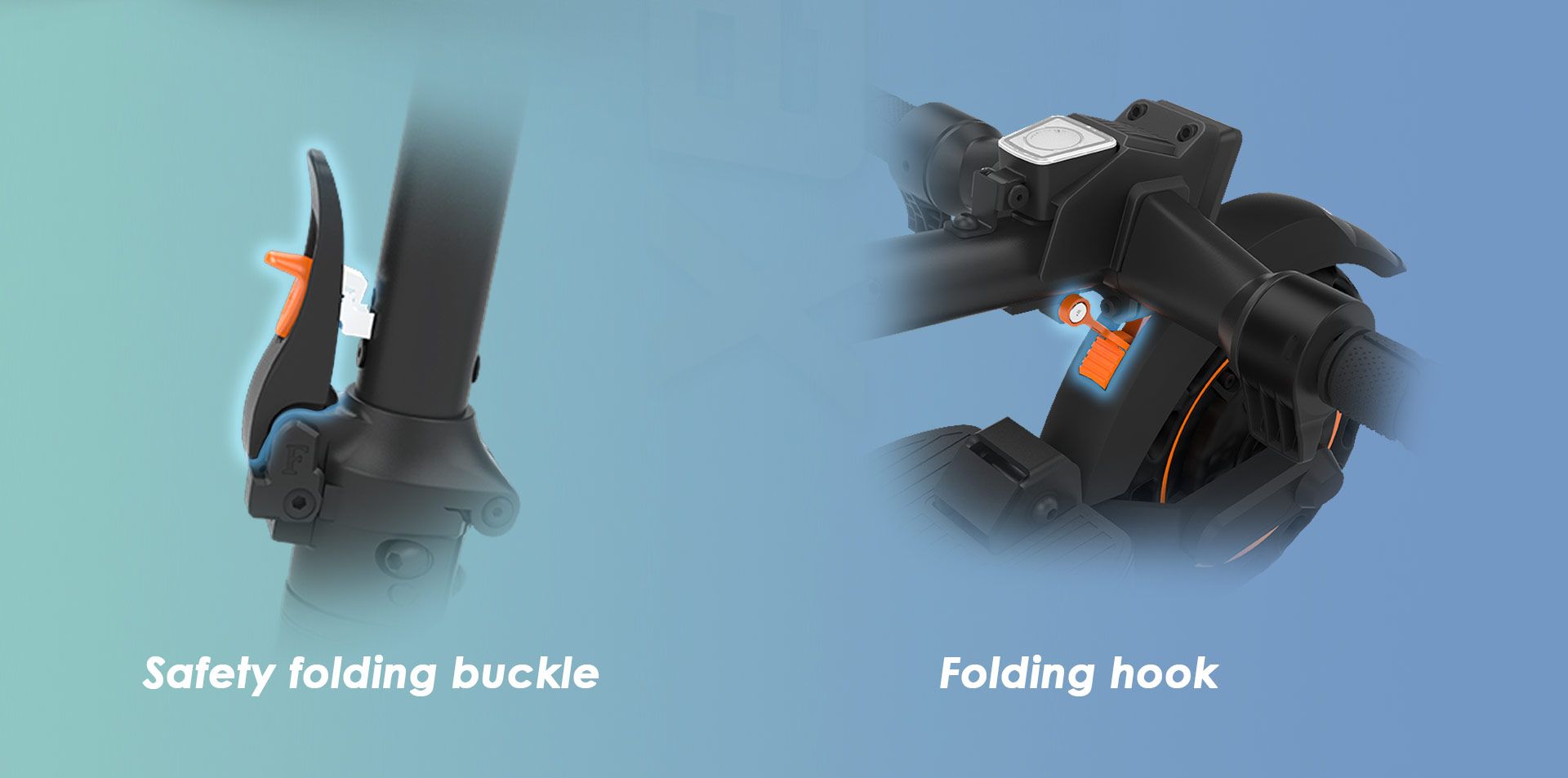 KuKirin S1 Max electric scooter close‑up view of safety folding buckle and folding hook structure