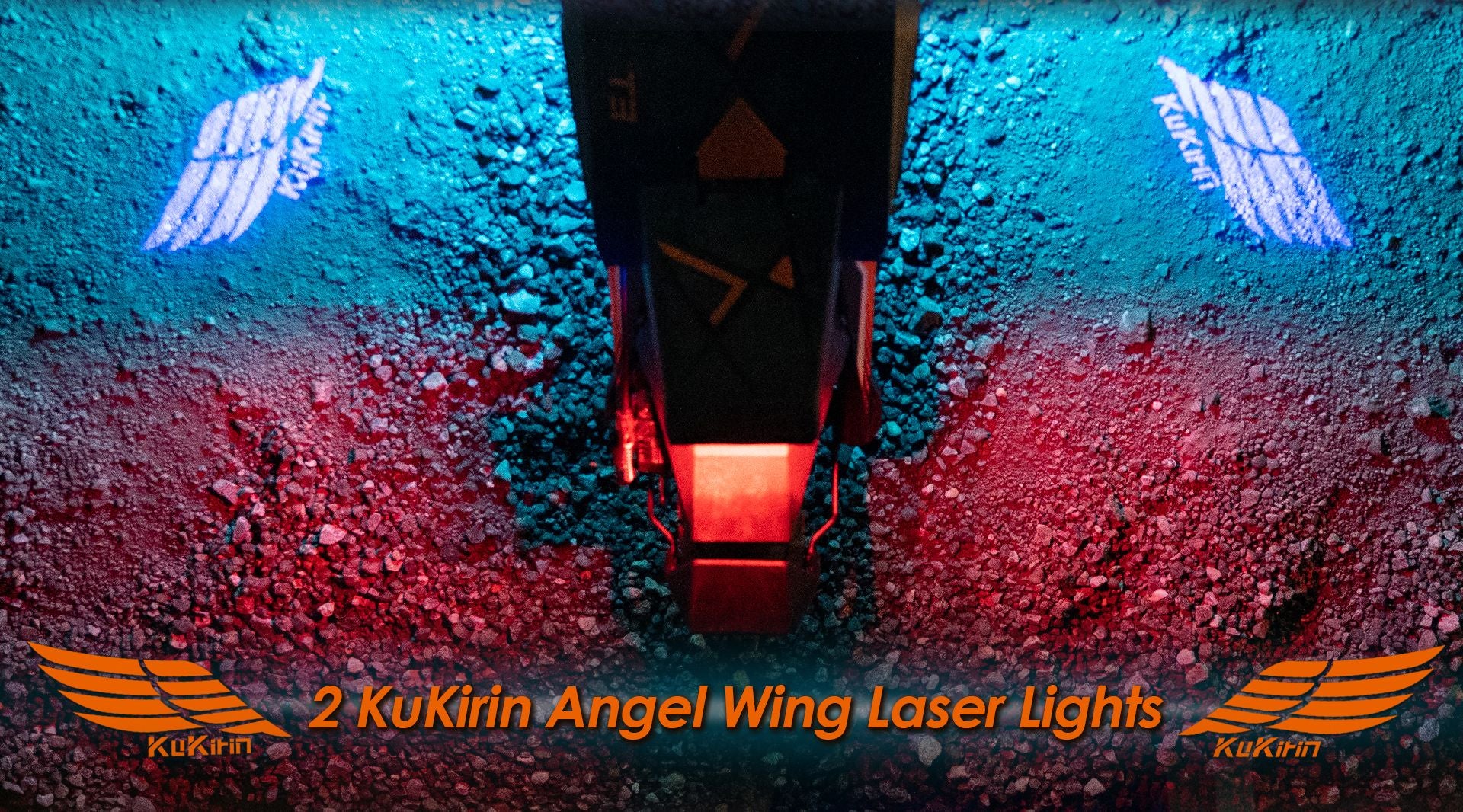 KuKirin T3 electric scooter rear angel wing laser projection lights, brand logo laser light effect on gravel ground at night