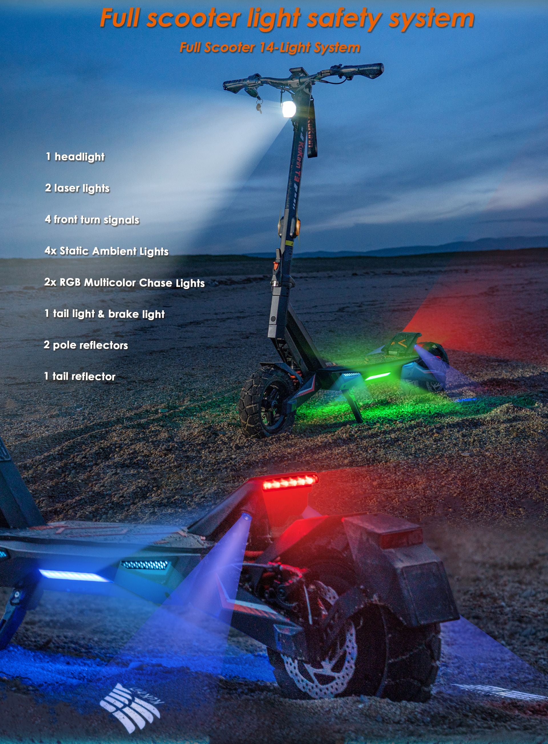 KuKirin T3 electric scooter full 14‑light safety system infographic, headlight, laser lights, RGB ambient lights, turn signals and brake tail light at night