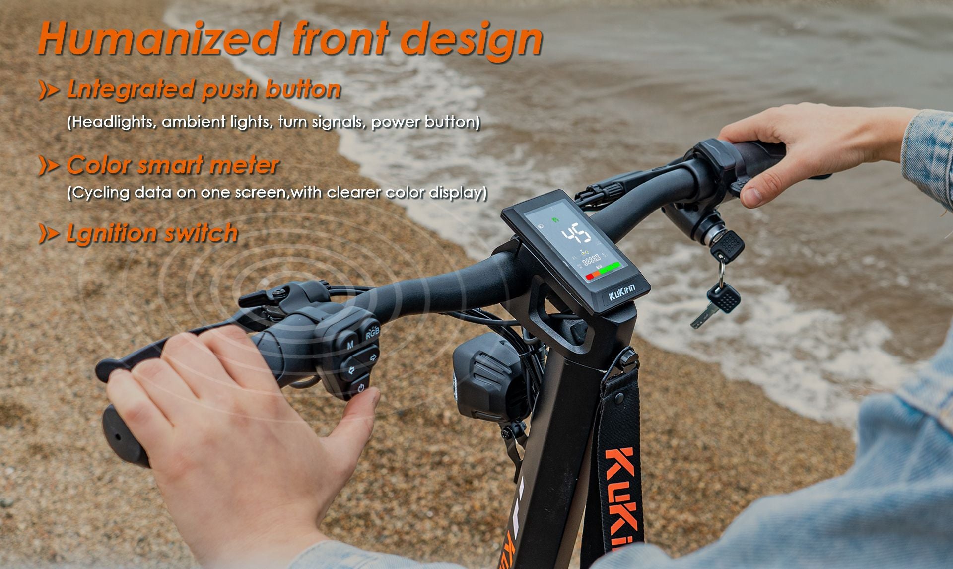 KuKirin T3 electric scooter handlebar close‑up, color smart LCD display, integrated control buttons and ignition key switch at seaside beach