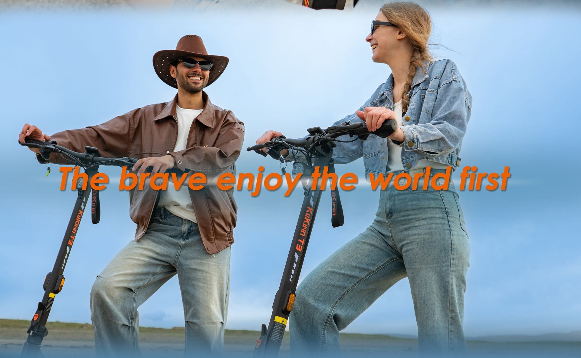 Two riders with KuKirin T3 adult electric scooters outdoor lifestyle shot, casual riding scene