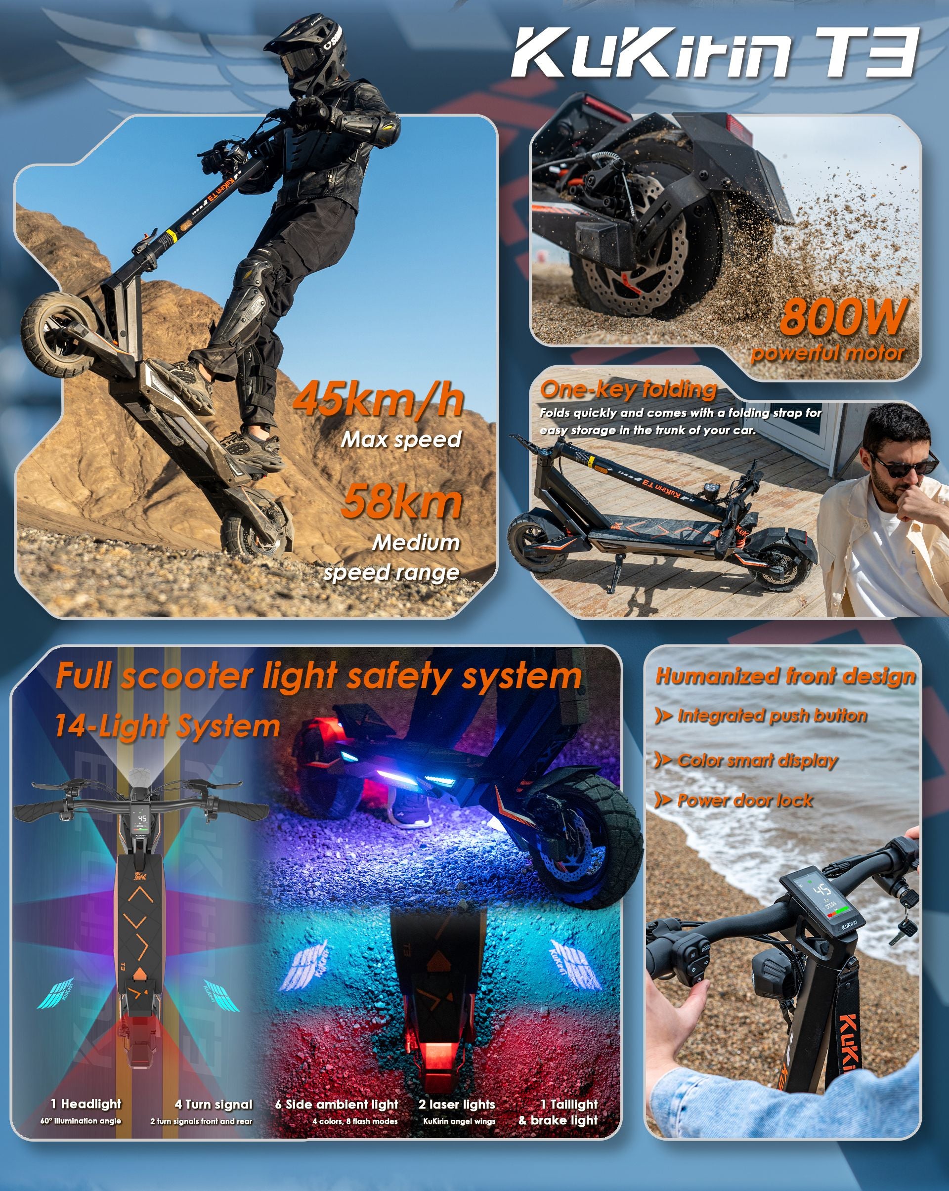 KuKirin T3 adult electric scooter feature collage, 800W motor,45km/h max speed,58km range, one‑key folding,14‑light safety lighting system