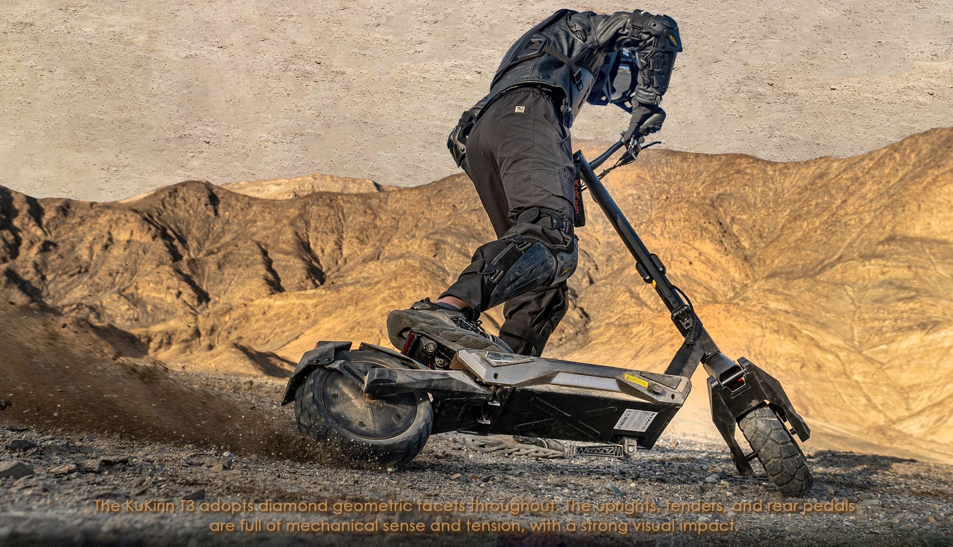 KuKirin T3 adult electric scooter off‑road riding on rocky mountain terrain, rugged mechanical geometric design