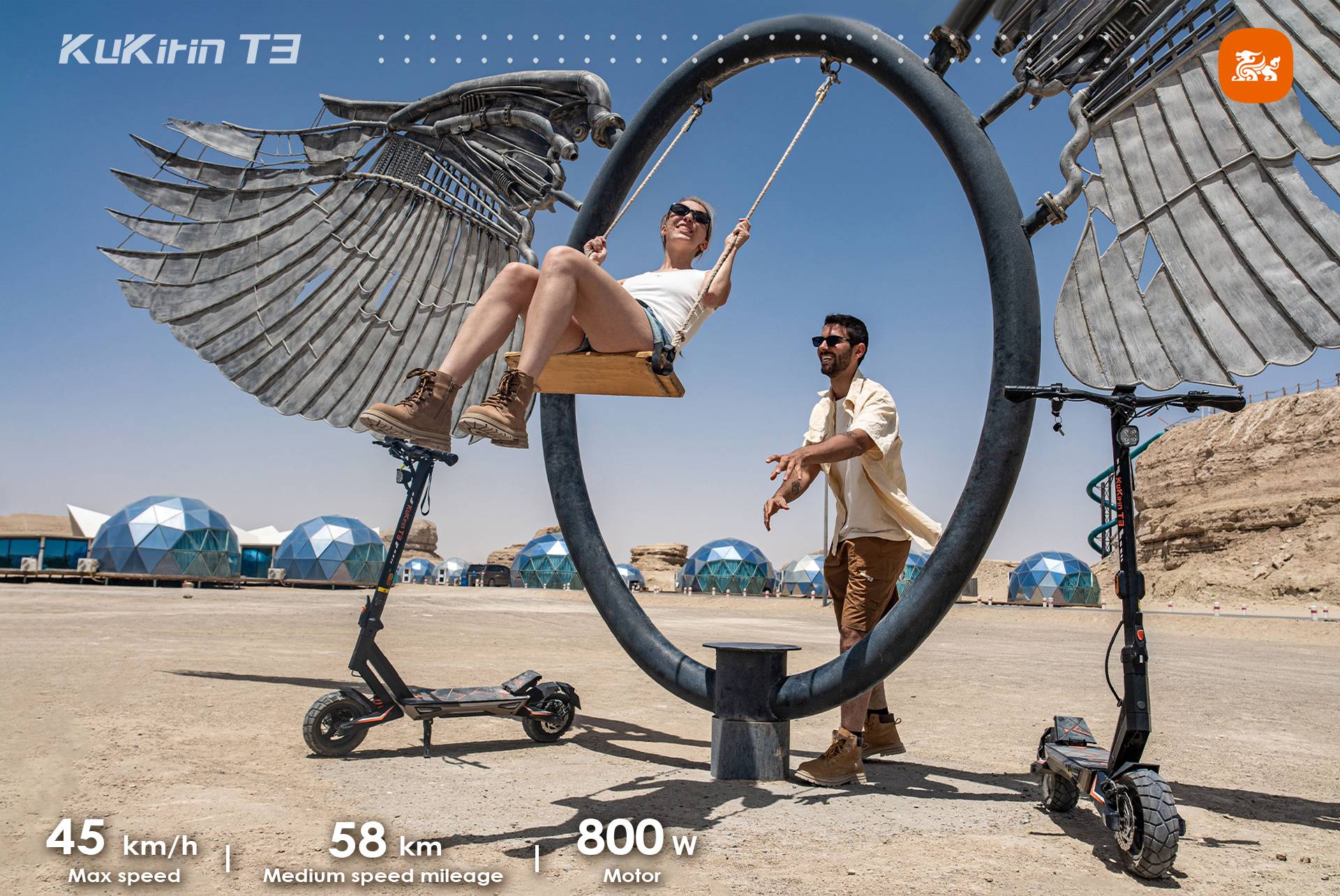 KuKirin T3 adult electric scooter outdoor desert lifestyle shot, 800W motor, 45km/h max speed, 58km range