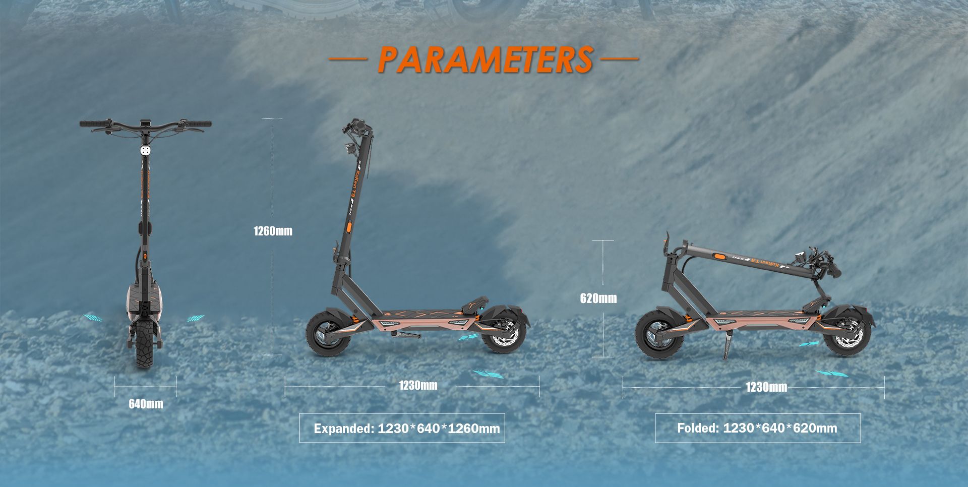 KuKirin T3 electric scooter parameters diagram, expanded size 12306401260mm and folded size 1230640620mm dimension comparison chart