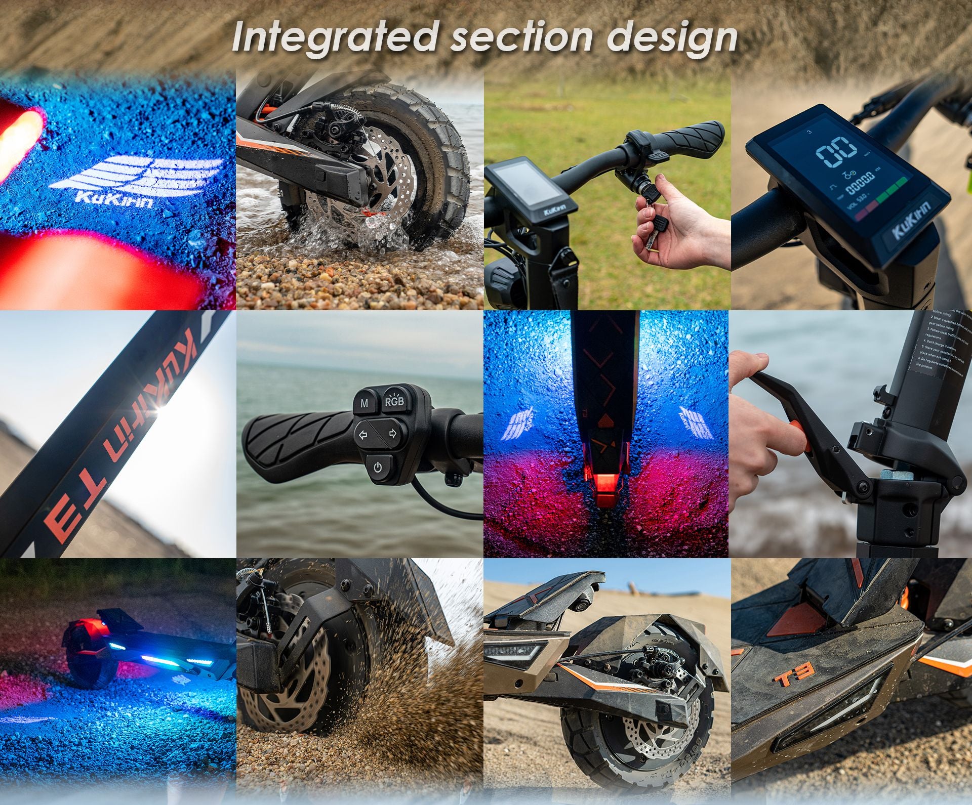 KuKirin T3 electric scooter integrated section design collage, showing tires, LCD display, handlebar controls, laser lights, folding mechanism and RGB ambient lighting details