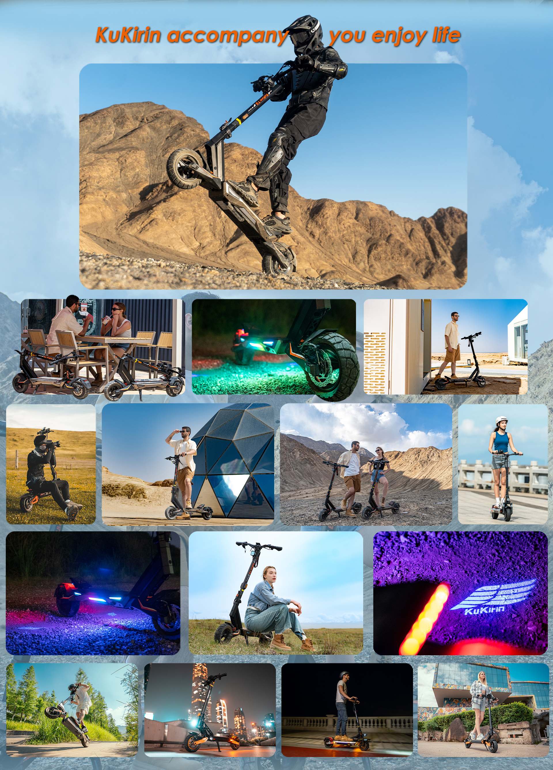 KuKirin T3 electric scooter lifestyle collage, multi‑scene shots of off‑road, urban night riding, daily commute and outdoor leisure scenarios for adults