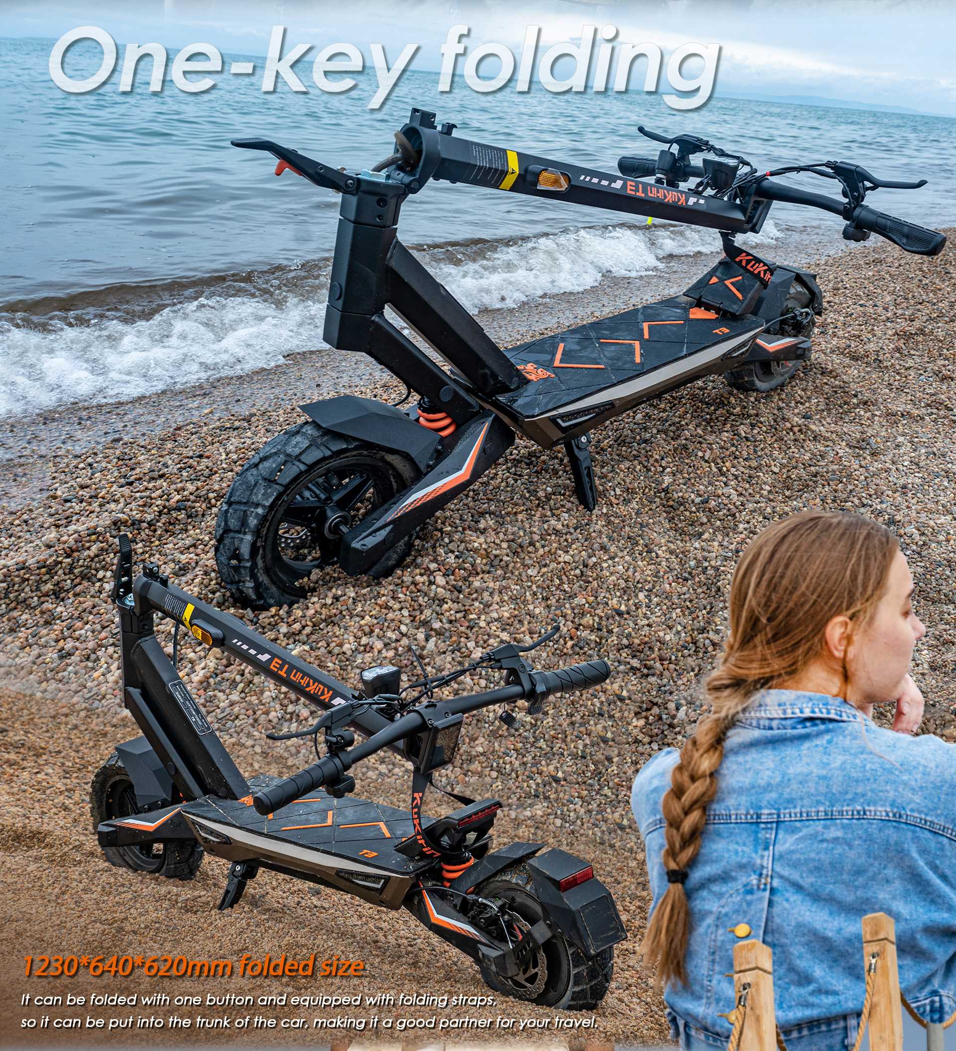 KuKirin T3 electric scooter one‑key folding demonstration at beach, folded dimension 1230640620mm, compact for car trunk storage and travel use