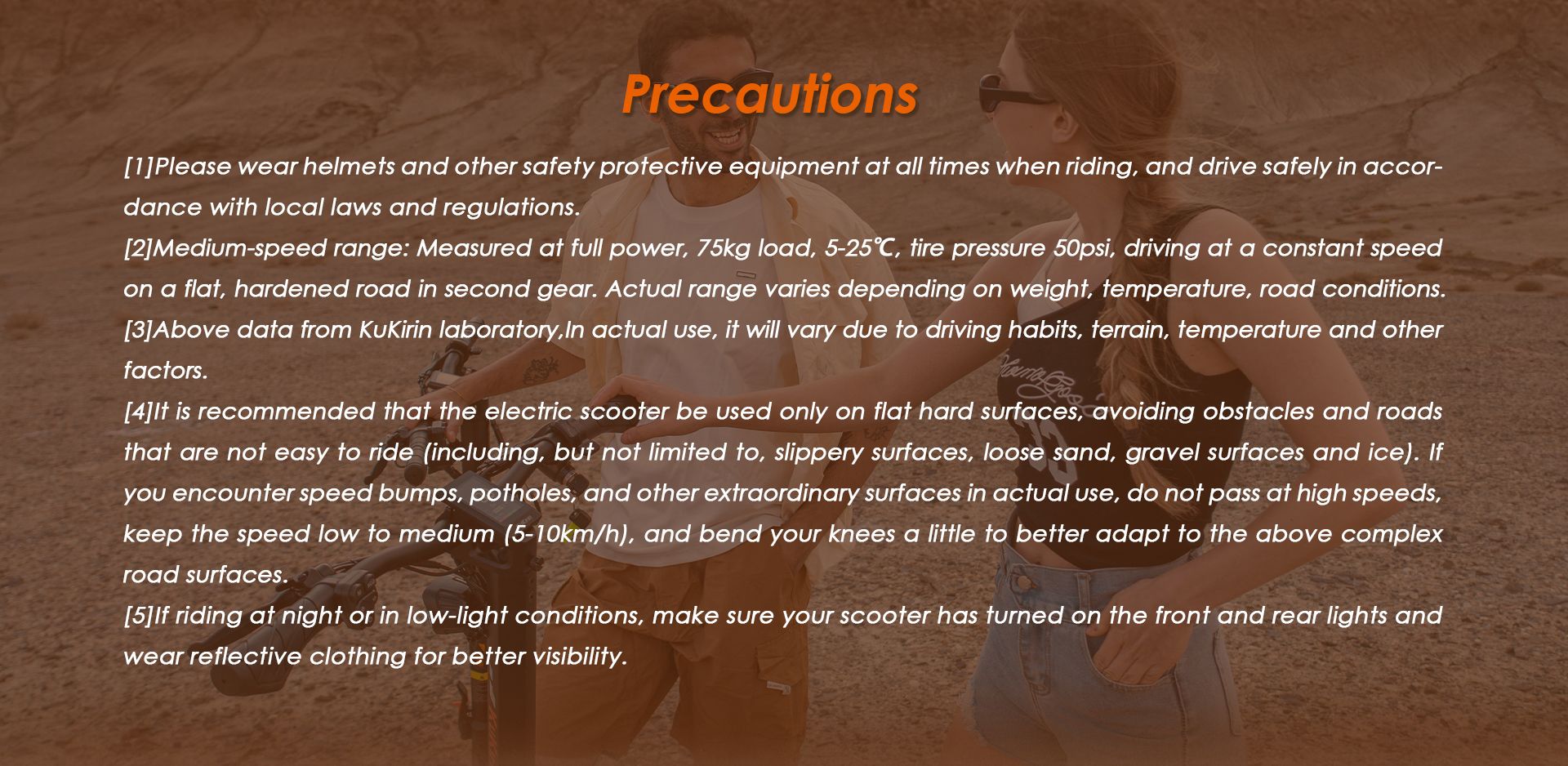 KuKirin T3 electric scooter riding precautions safety notes, helmet reminder, range test conditions, road usage tips and night‑riding safety instructions