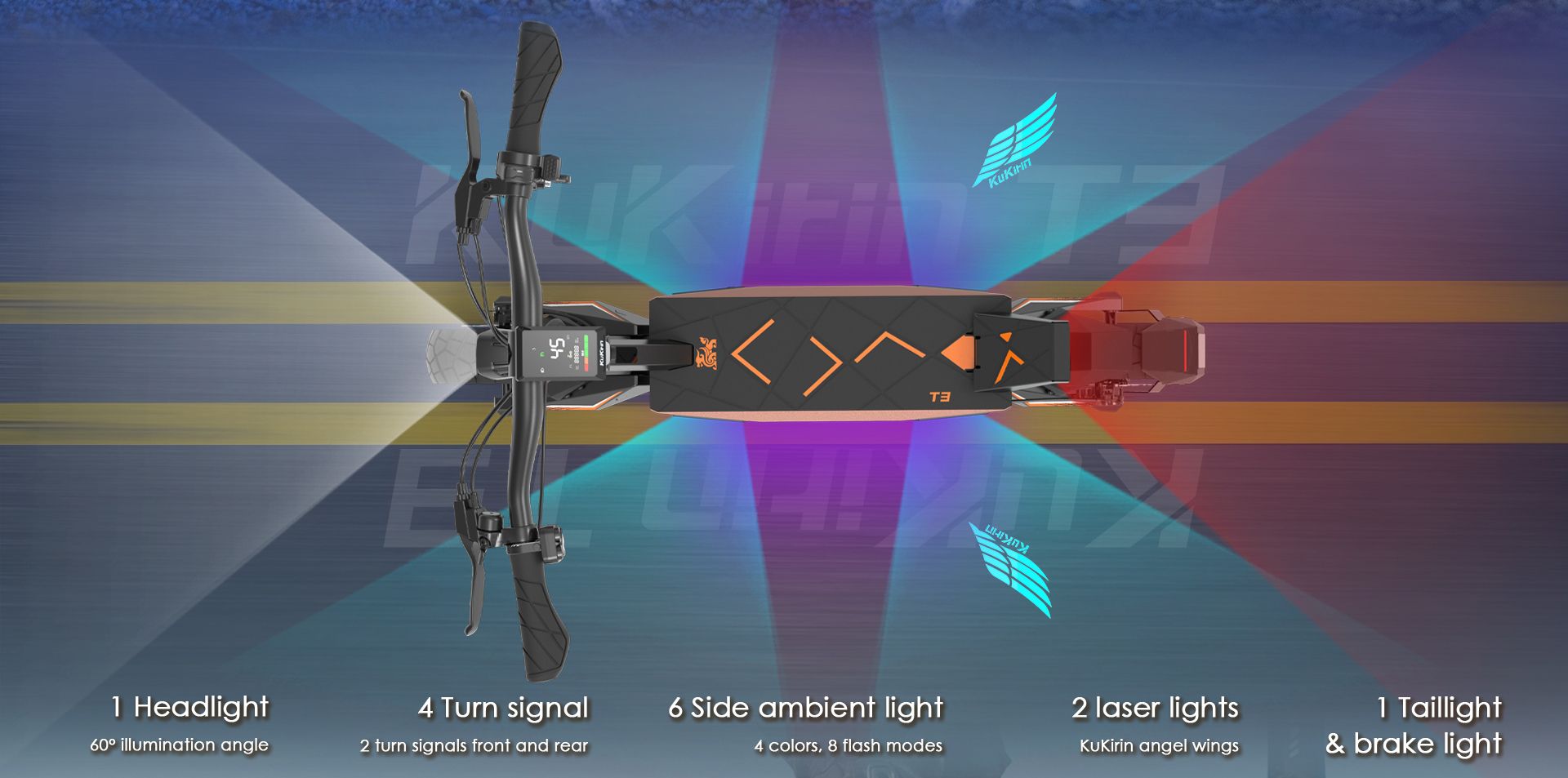 KuKirin T3 electric scooter top‑down diagram showing full lighting system, headlight, turn signals, side ambient lights, angel‑wing laser lights and brake taillight