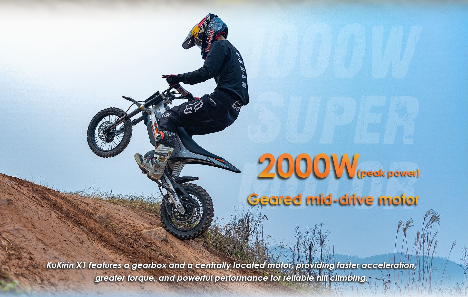 KuKirin X1 electric dirt bike wheelie uphill, 2000W peak geared mid‑drive motor for high torque off‑road climbing performance