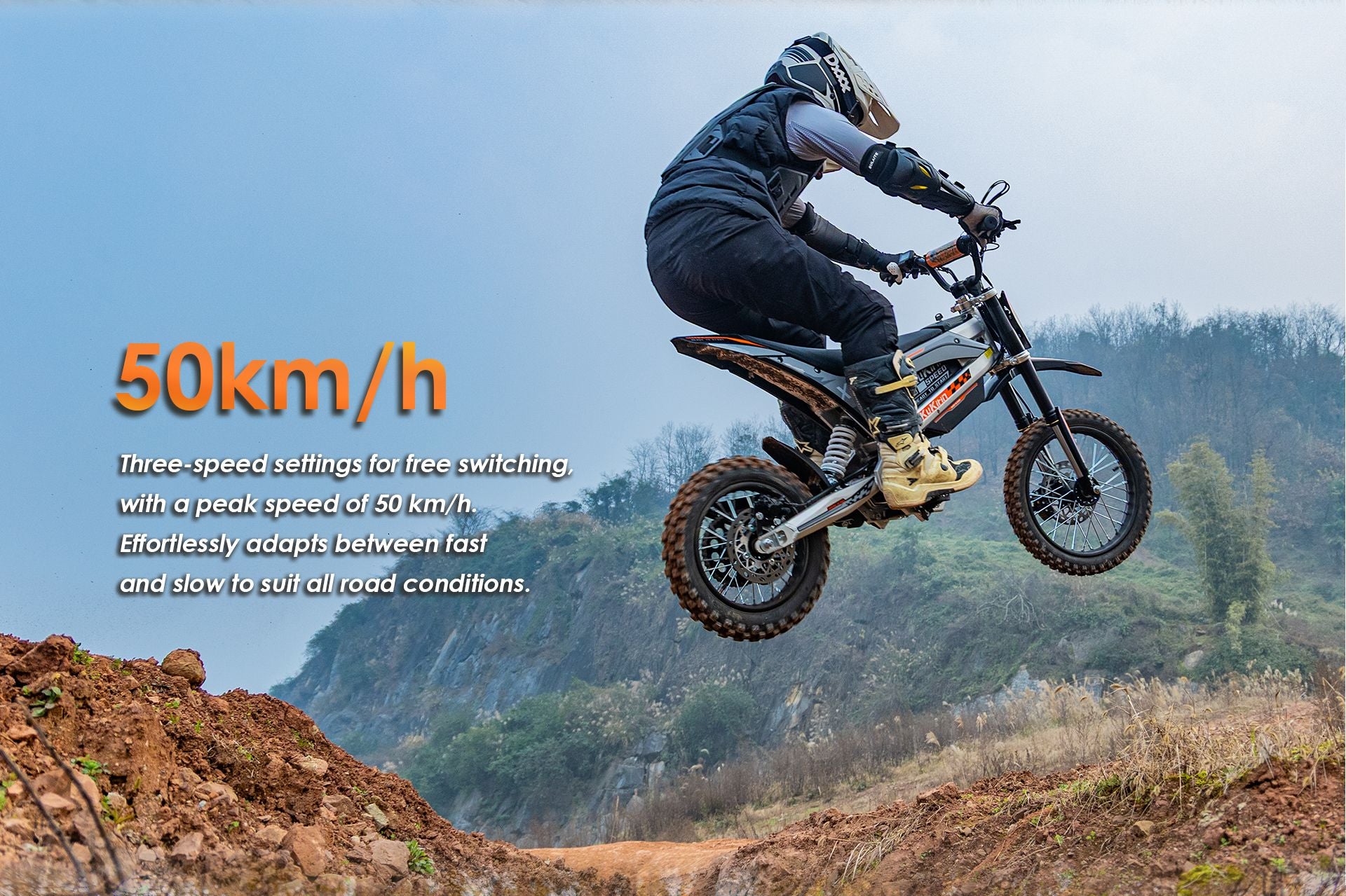 KuKirin X1 electric dirt bike airborne jump, peak speed 50km/h with three‑speed mode for off‑road terrain riding