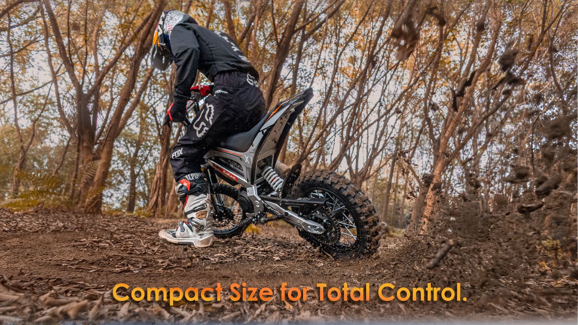 KuKirin X1 electric dirt bike riding in woodland mud, compact frame design for flexible off‑road handling and full control
