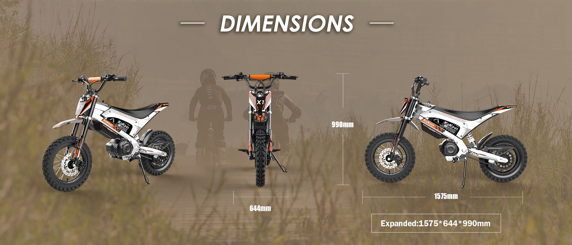 KuKirin X1 electric dirt bike dimension diagram, side front rear view with overall size 1575644990mm