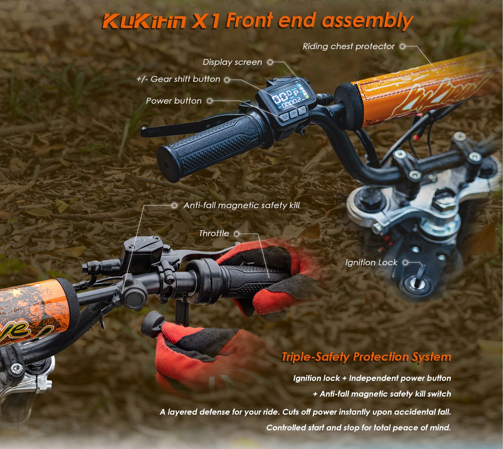 KuKirin X1 electric dirt bike front handlebar close‑up, display screen, throttle and triple‑safety protection system details