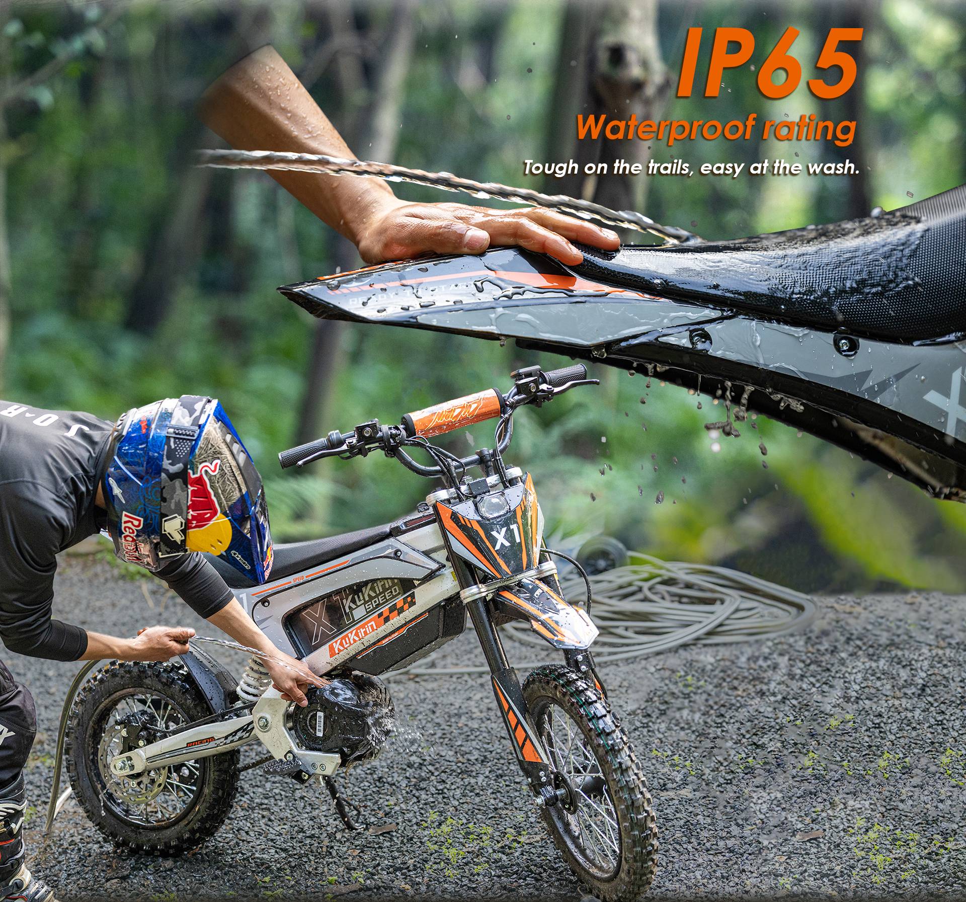 KuKirin X1 electric dirt bike IP65 waterproof demonstration, washing the off‑road motorcycle for trail maintenance