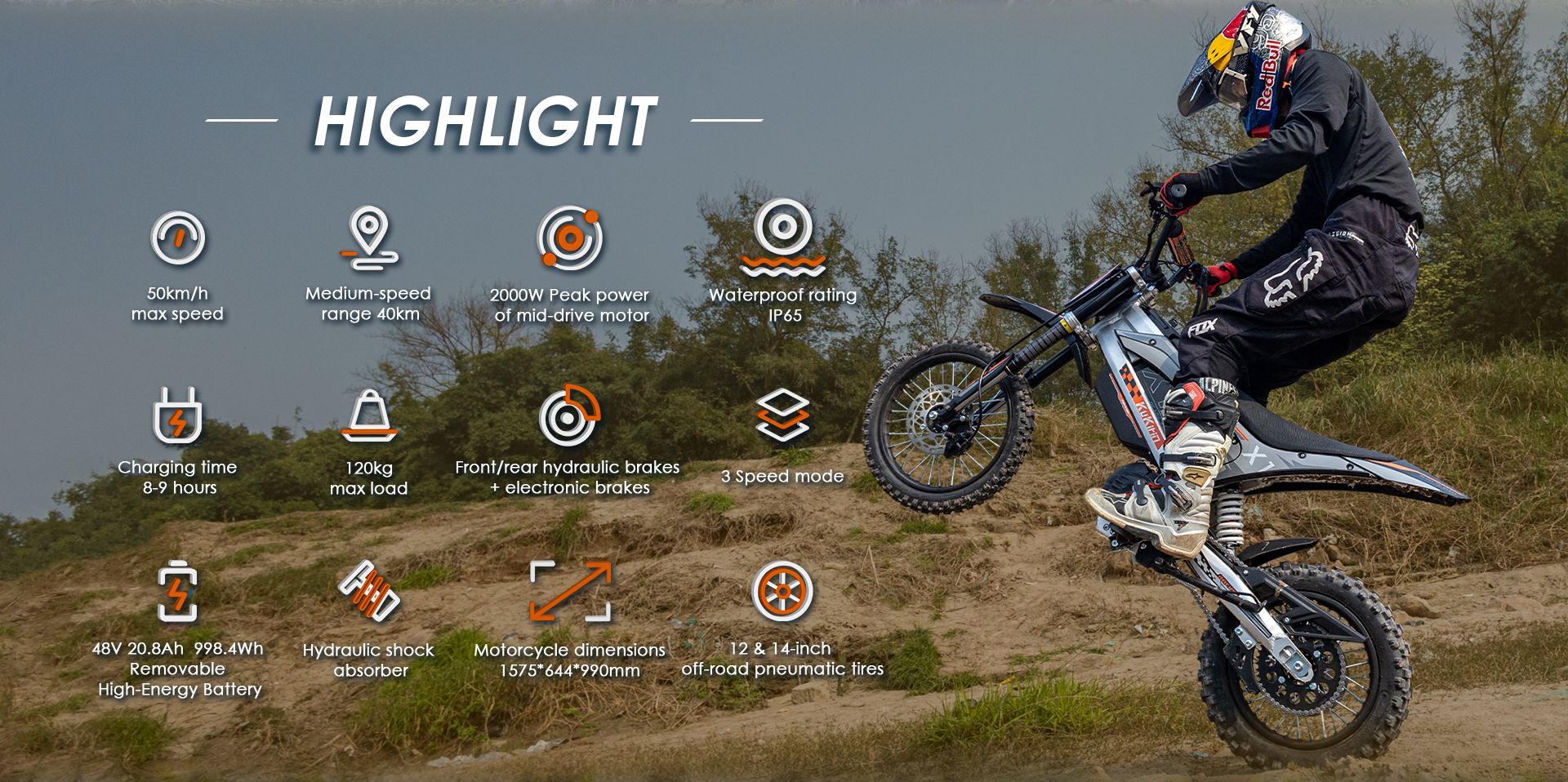 KuKirin X1 electric dirt bike main highlights infographic, showing max speed, peak power, IP65 waterproof, battery, brakes and tire parameters