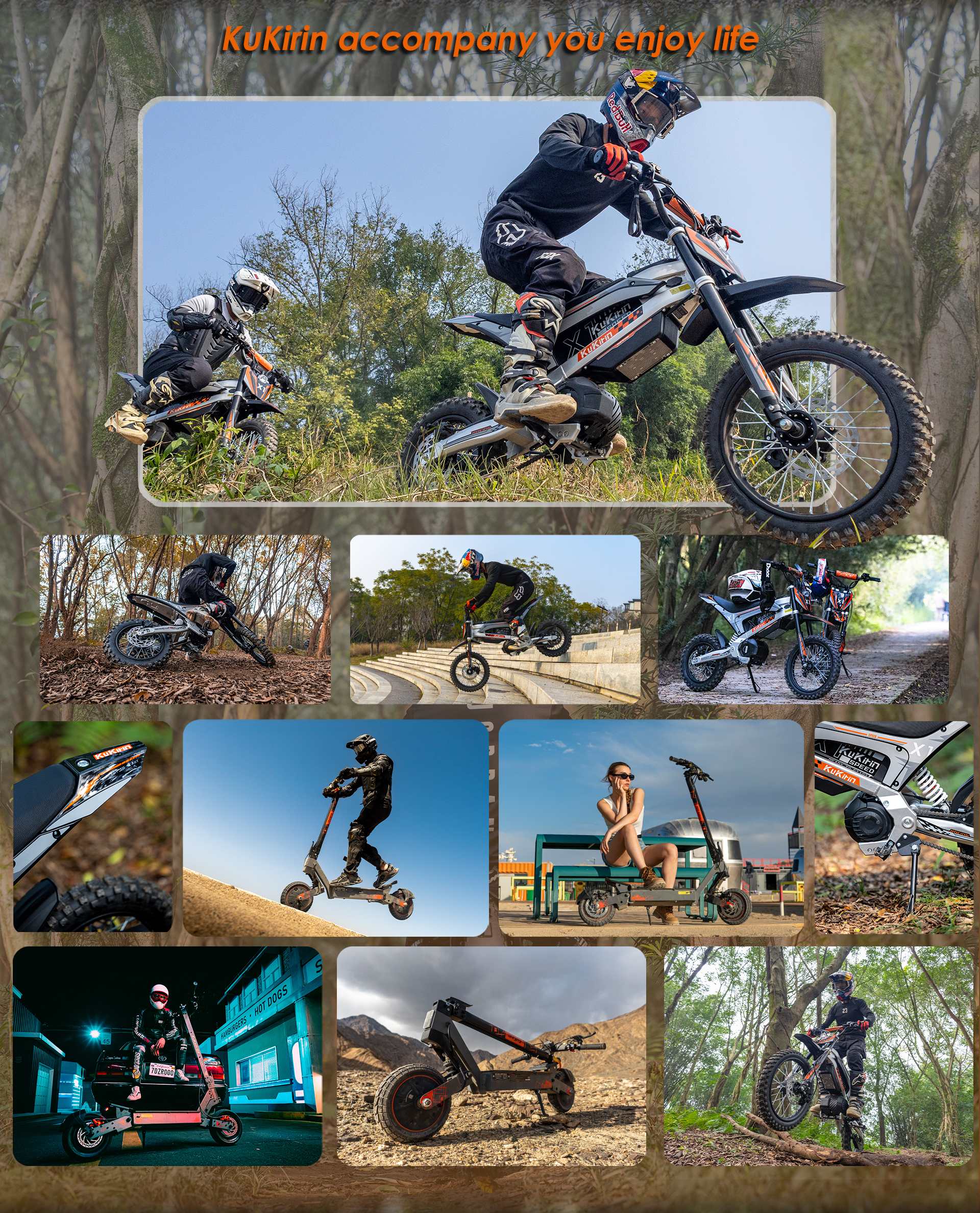 KuKirin X1 electric dirt bike lifestyle collage, multiple outdoor off‑road riding scenes for adventure and recreation