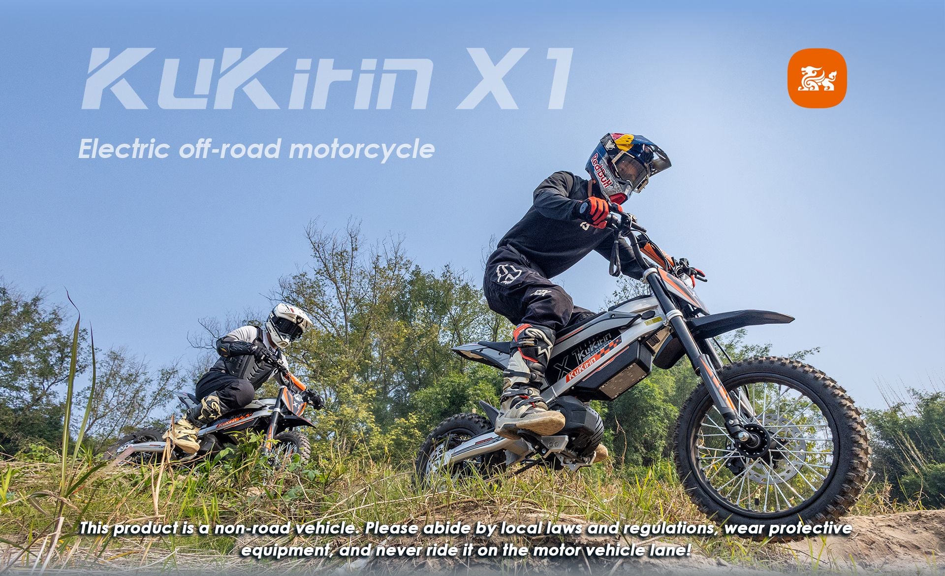 KuKirin X1 electric dirt bike, riders riding off‑road in wild grassland, outdoor action shot of electric off‑road motorcycle