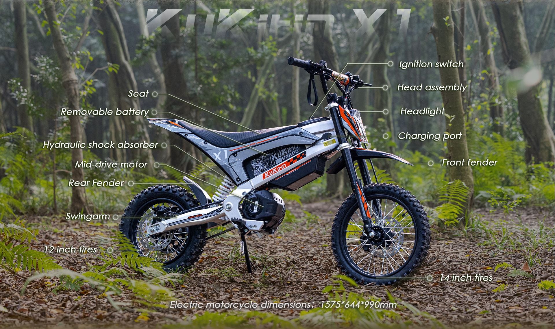 KuKirin X1 electric dirt bike annotated parts diagram in forest, labels for mid‑drive motor, removable battery, shock absorber and tire