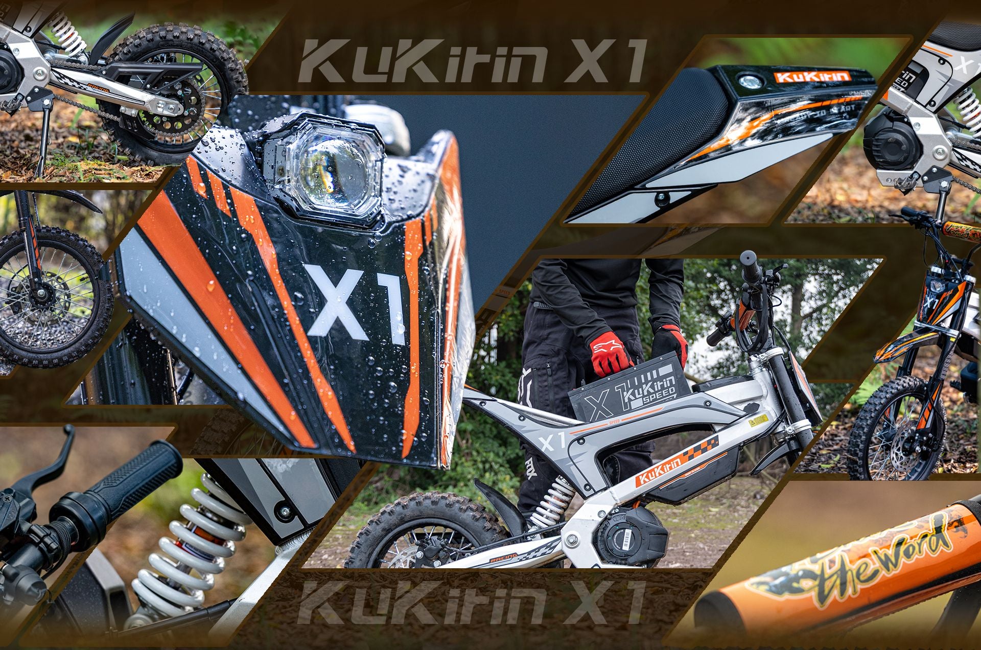 KuKirin X1 electric dirt bike collage showing headlight, suspension, handlebar, removable battery and other key component close‑ups