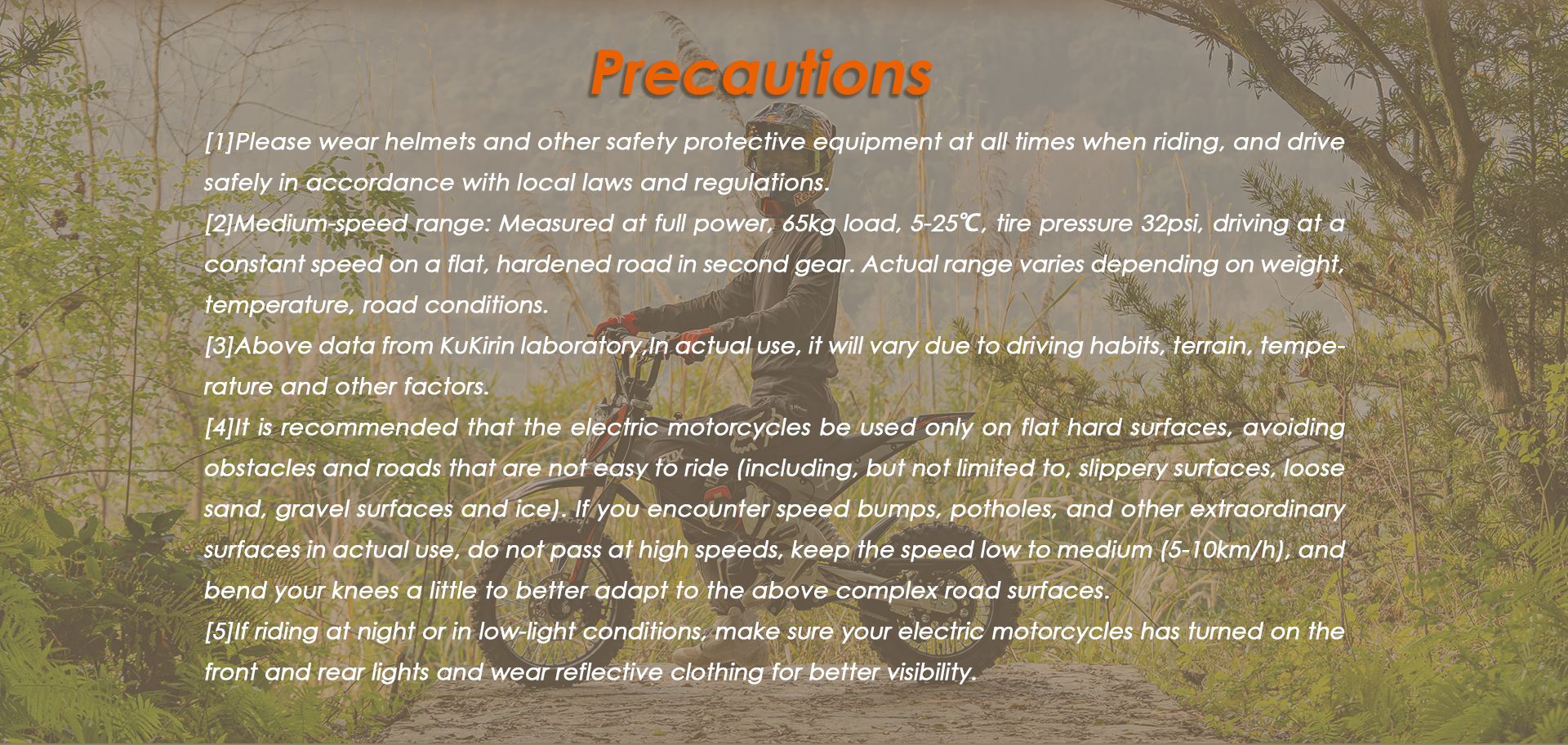 KuKirin X1 electric dirt bike riding precautions and safety notice, riding tips and range test conditions description