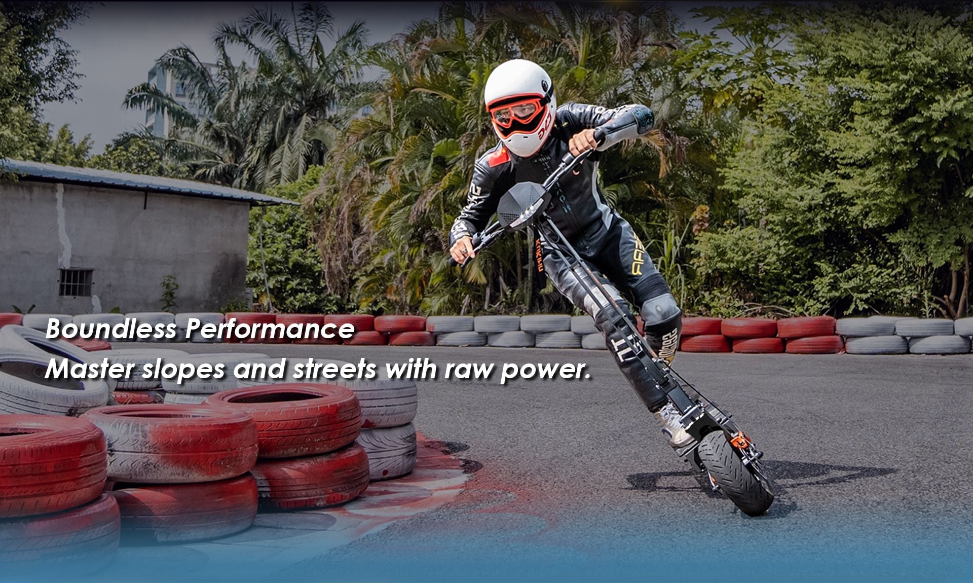 KuKirin G4 high‑power electric scooter rider cornering on race track, off‑road street performance